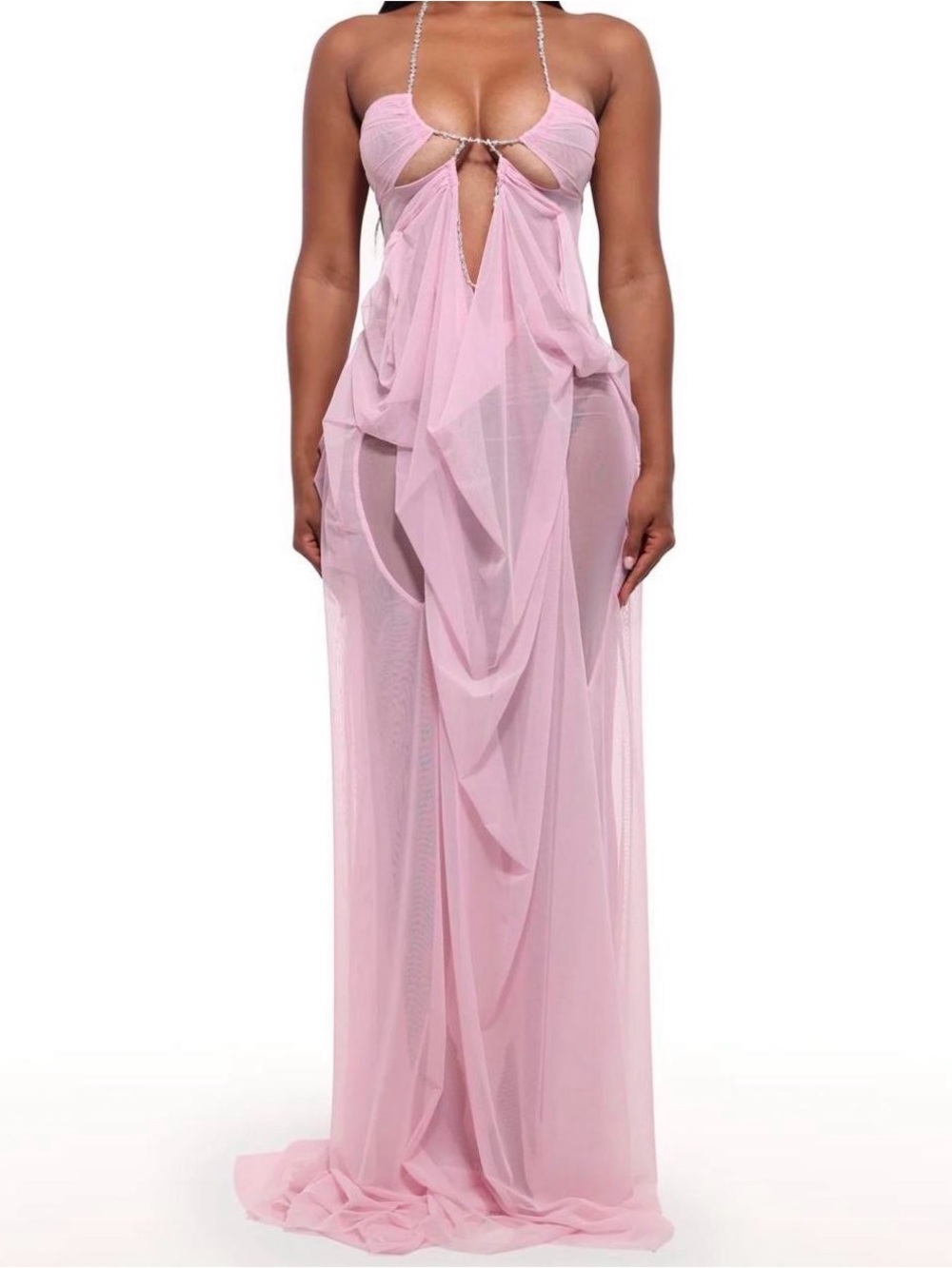 Sheer Pink Maxi Dress with Plunging Keyhole Front